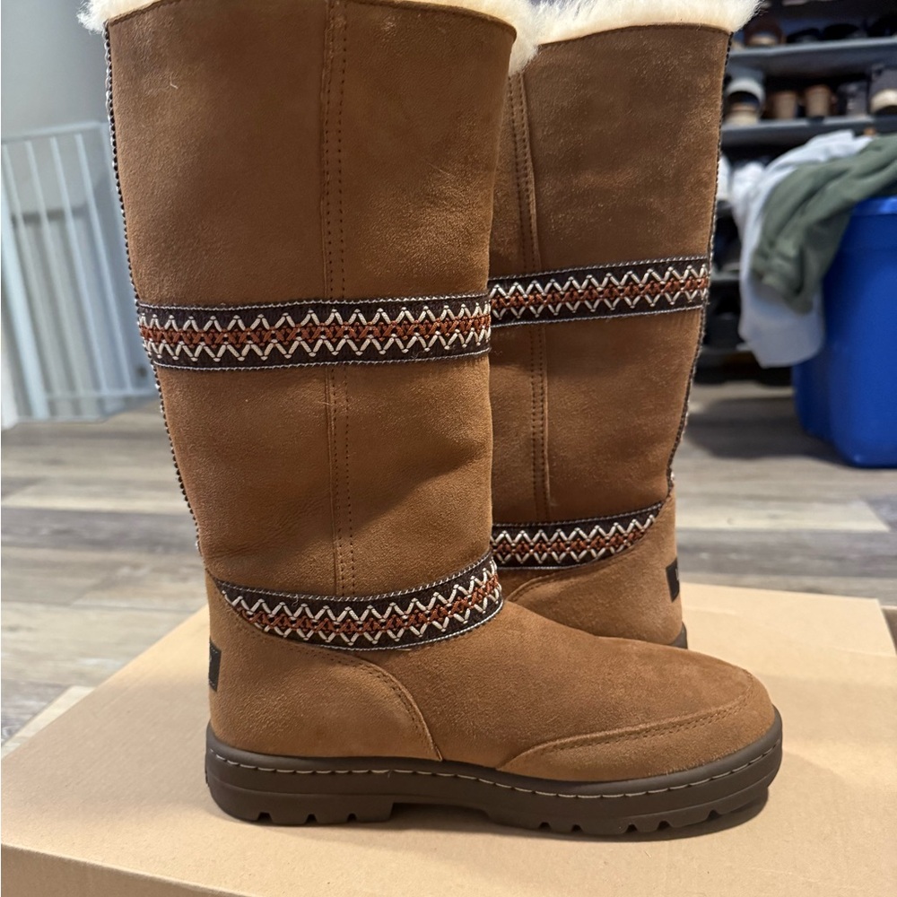 UGG Tan Winter Boots with Patterned Trim